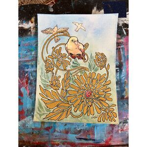 original painting birds floral artwork signed Ooak art Nouveau handmade Surreal
